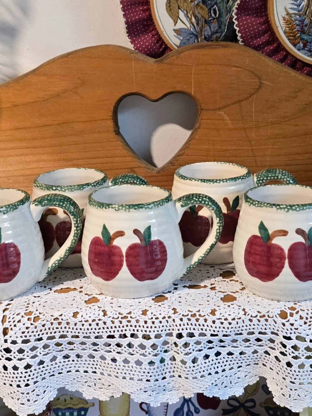Vintage 1980s "Apple Garden" Ceramic Mugs - Set of 5 - with Matching Sugar Bowl